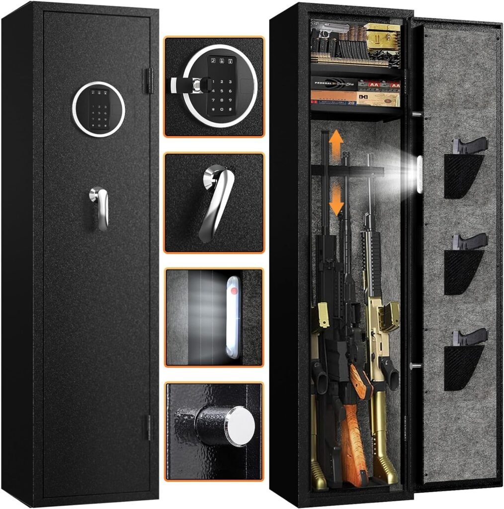 EMAXEE 5-6 Gun Safe Rifle, Gun Safes for Home Rifle and Pistols, Gun Cabinet with Privacy Virtual Password and Alarm Function, Rifle Safe with 2 Removable Shelves and Adjustable Racks for Shotguns