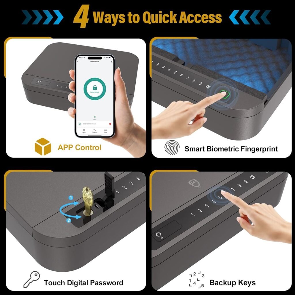 OneTigris Biometric Gun Safe, 0.1S Quick Access Handgun Safe for Nightstand, Fingerprint Lock Box with APP, Digital Password, Backup Keys, Ideal for Home, Bedside, and Car - Black