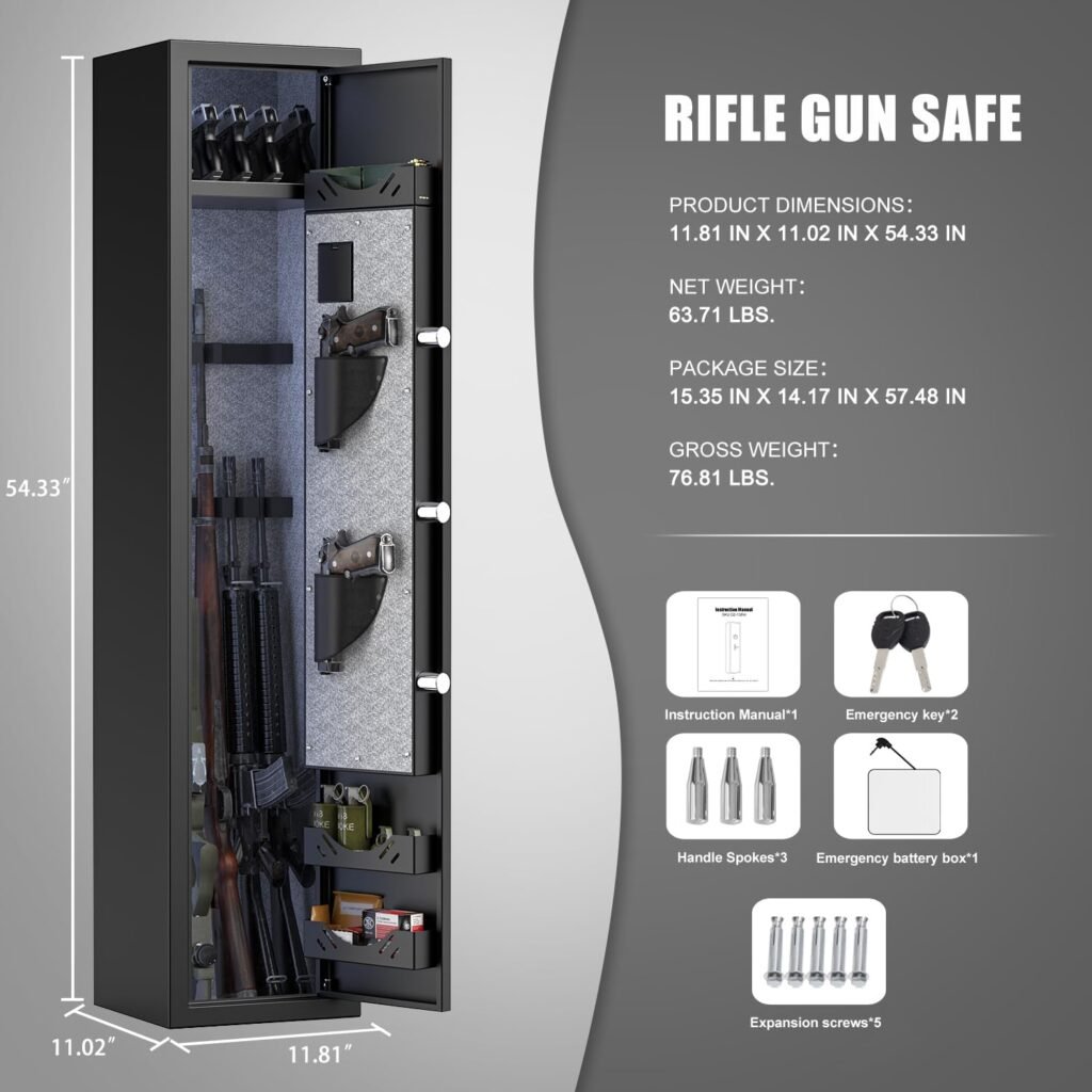 Riflevault Gun Safe, 5 Gun Heavy Rifle Safe, Gun Safe for Home Rifle and Pistols with LCD Screen Keypad and Silent Mode, Gun Safes for Guns with 3 Metal Storage Box