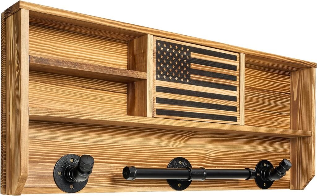Wall Mounted Tactical Duty Gear Rack, Police  First Responder, American Flag Lock Storage – Storage Shelving Unit, Law Enforcement Organizer, Holder - Police Gift Decor (Wood Color and Build) Gifts