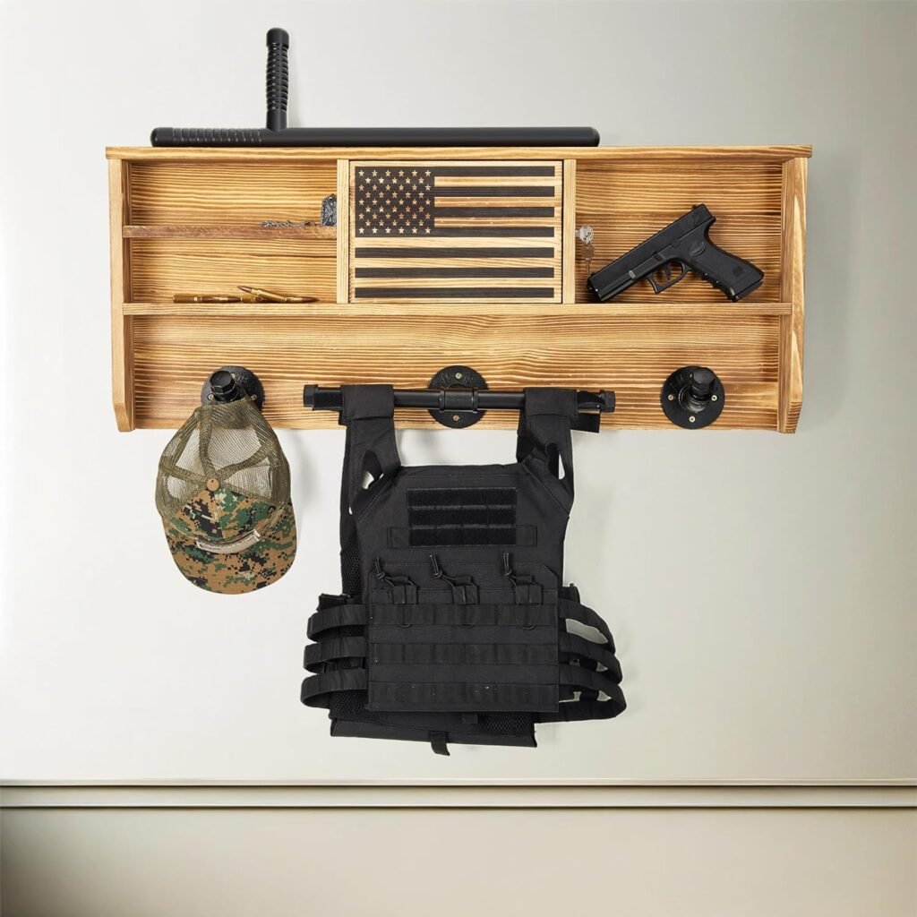Wall Mounted Tactical Duty Gear Rack, Police  First Responder, American Flag Lock Storage – Storage Shelving Unit, Law Enforcement Organizer, Holder - Police Gift Decor (Wood Color and Build) Gifts