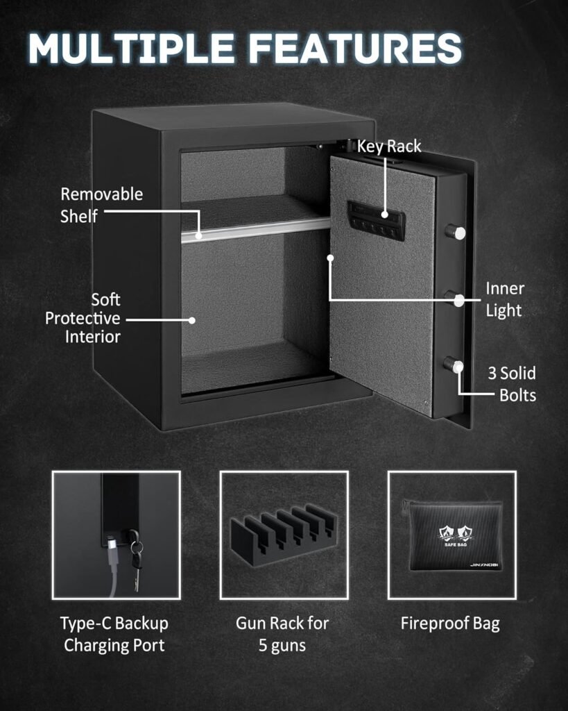 2.63 Cubic Feet Fingerprint Safe with Big Fireproof Waterproof Safe Bag,Smart Biometric Safes for Home Office Hotel,Finger Touch Security Safe Box with 5 Gun Rack to Hold Pistols