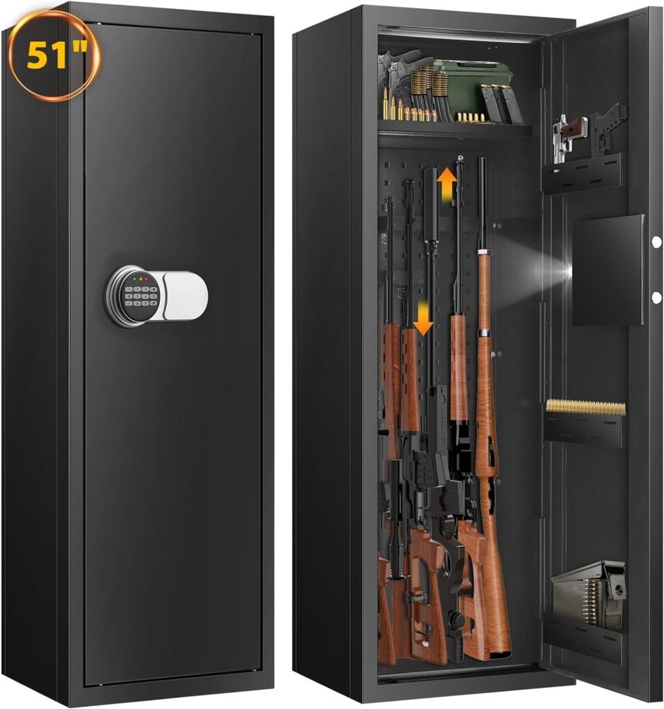 51 8 Large Rifle Gun Safe Cabinet for Home Defense, Deeper Anti-Theft Gun Safes for Home Rifles with Scope and Pistols, Heavy-Duty Quick Access Gun Cabinet with 2 Adjustable Rifle Rack  Silent Mode