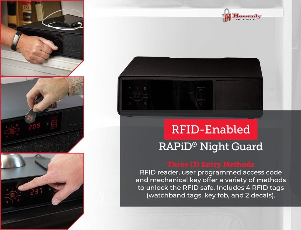 Hornady Rapid Safe Compact Ready Vault with WiFi  Rapid Safe Night Guard – Nightstand Gun Safe with RFID Reader, Clock, USB Ports – RFID Safe for Fast, Multiple Method Entry