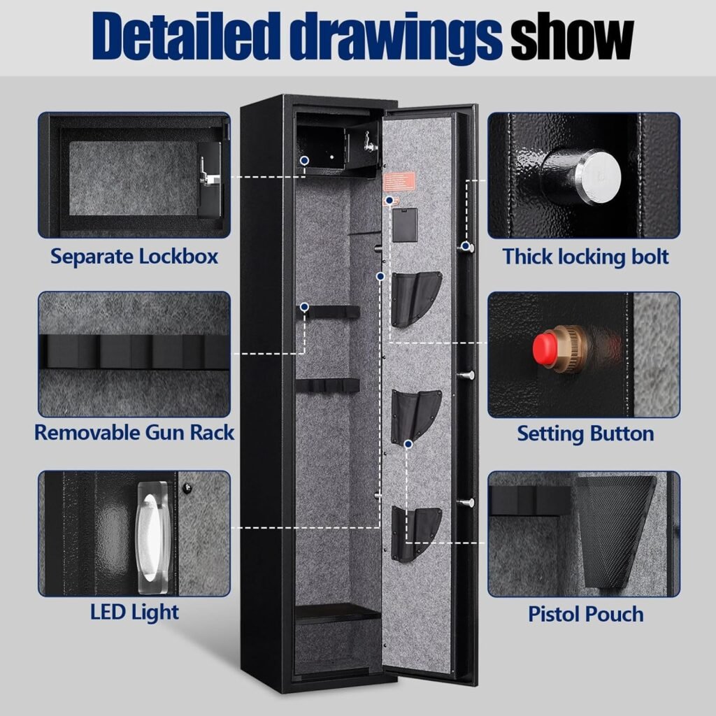 5 Gun Safe,Gun Safe for Rifles and Pistols, Rifle Gun Safes, Gun Cabinet, Gun Safes  Cabinets, Rifle Safes for Home, Electronic Gun Safe With Removable Shelf and Pistol Pouch