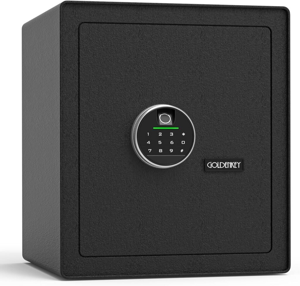 GOLDENKEY Digital Security Safe and Lock Box,Small Safe box for Money, Fingerprint Lock,Perfect for Home Office Hotel Business Jewelry Gun Use Storage,1.4 Cubic Feet,Black