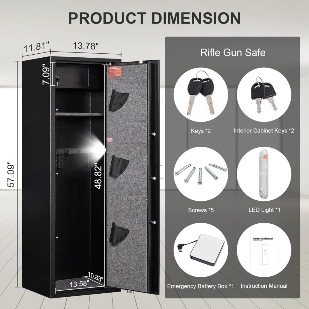 Marcree Gun Safe, 3-5 Rifle Safe, Gun Cabinets for Rifles and Pistols with Removable Shelf, Quick Access Large Gun Locker with Inner Lock Box, Anti-Theft Alarm System, Password Lock