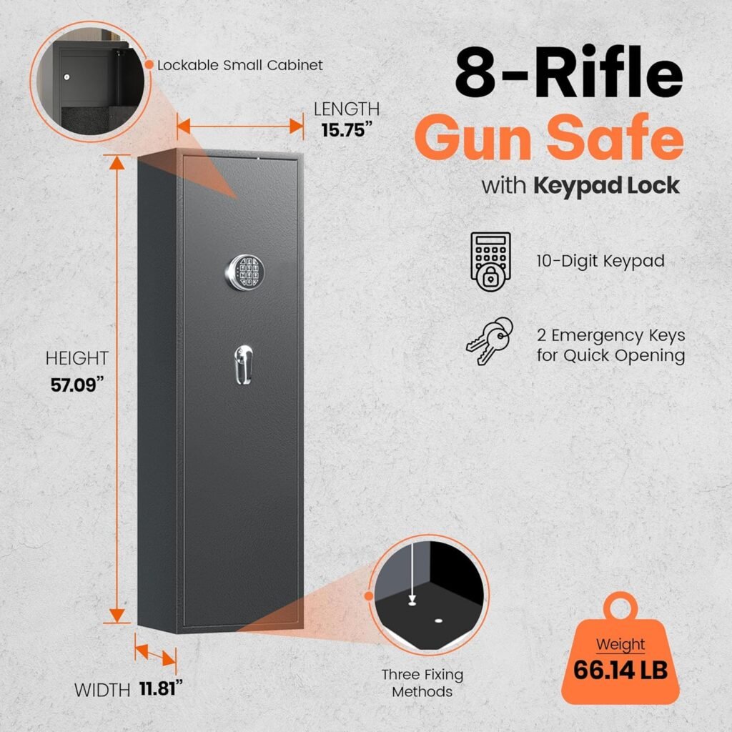 AOBABO 3-Rifle Gun Safe with Fingerprint Recognition, Quick Access Keypad Lock, Security Cabinet Long Safes Gun Cabinet for Shotguns w/Pistol Pocket