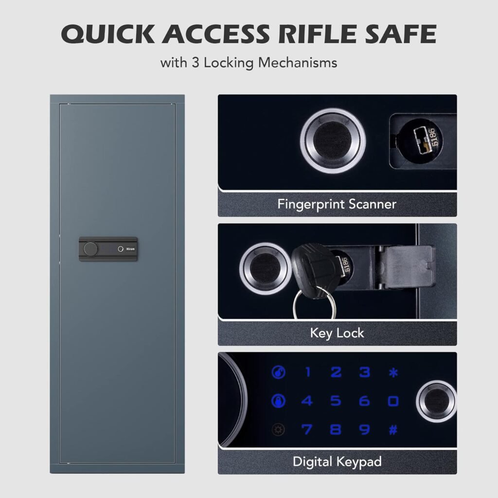 HIRAM Large Gun Safe for Home Rifle and Pistols, Biometric Gun Safe Cabinet with Fingerprint Keypad Locks Adjustable Racks Shelf Alarm, Assemble Case for 6 Long Guns 12 Handguns Shotguns, 56*20*15 In