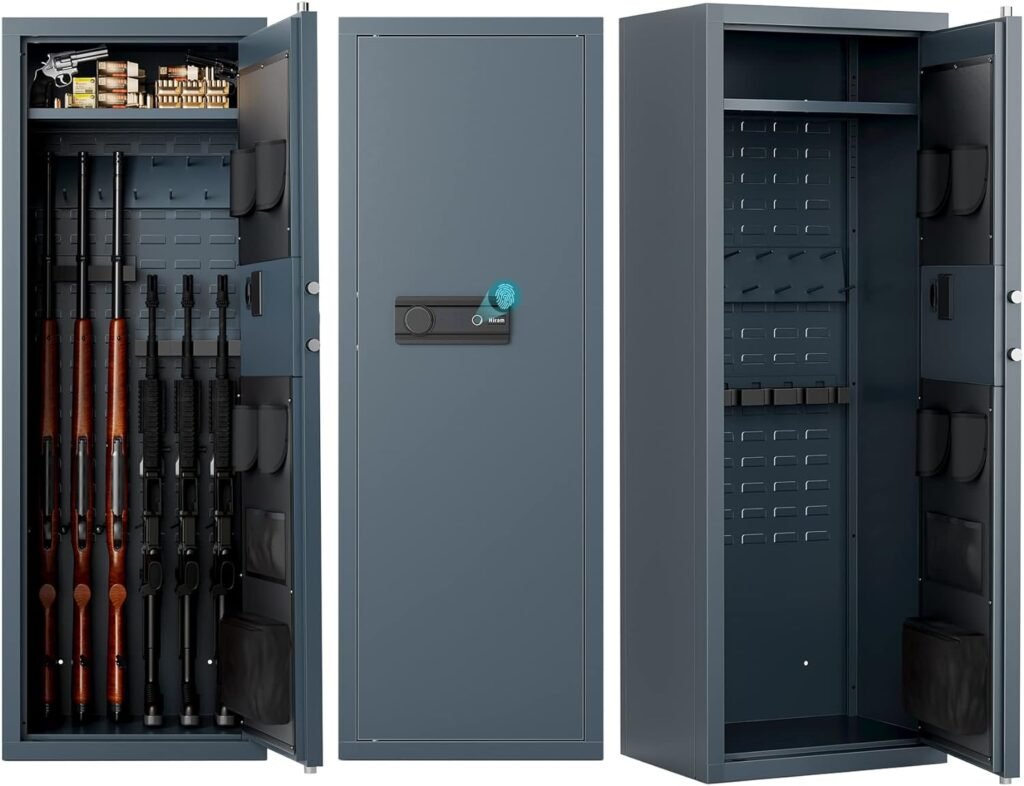 HIRAM Large Gun Safe for Home Rifle and Pistols, Biometric Gun Safe Cabinet with Fingerprint Keypad Locks Adjustable Racks Shelf Alarm, Assemble Case for 6 Long Guns 12 Handguns Shotguns, 56*20*15 In