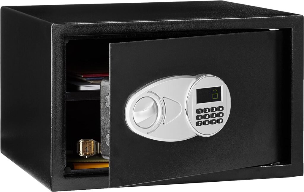 Amazon Basics Steel Security Safe with Programmable Electronic Keypad - Secure Cash, Jewelry, ID Documents, 1.2 Cubic Feet, Black, 16.93W x 14.57D x 10.63H