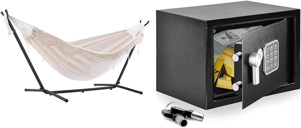 Vivere Double Hammock with Space Saving Steel Stand, Natural (450 lb Capacity)  SereneLife Digital Safe  Lock Box - Safety Box for Cabinets, Home, Office, or Hotels